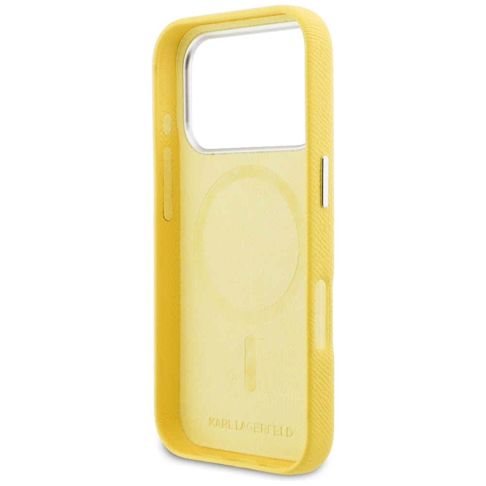 Funda MagSafe para Apple iPhone 17 Pro, Karl Lagerfeld, Saffiano Karl & Choupette Pins, Amarilla
