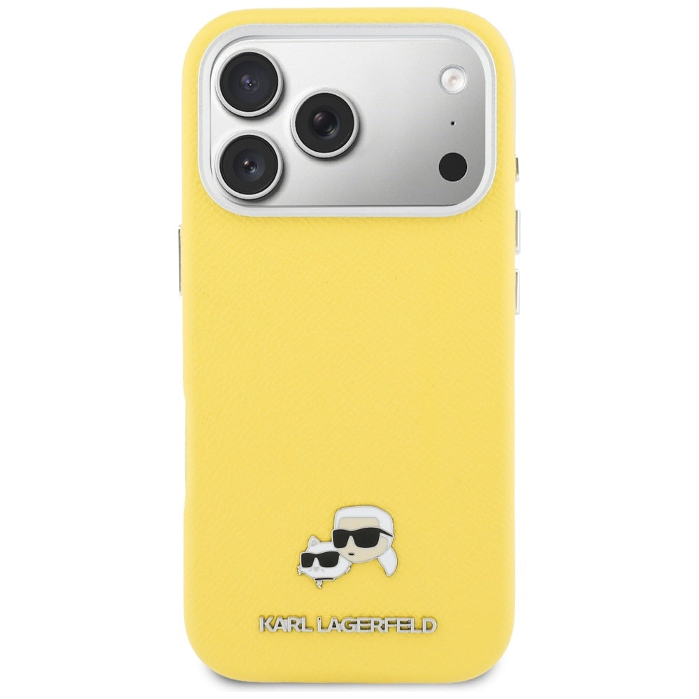 Funda MagSafe para Apple iPhone 17 Pro, Karl Lagerfeld, Saffiano Karl & Choupette Pins, Amarilla