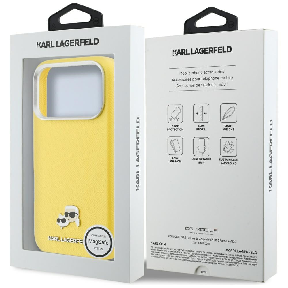 Funda MagSafe para Apple iPhone 17 Pro, Karl Lagerfeld, Saffiano Karl & Choupette Pins, Amarilla