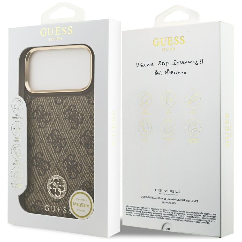 Funda MagSafe para Apple iPhone 17 Pro Max, Guess, Logo Strass 4G, Marrón