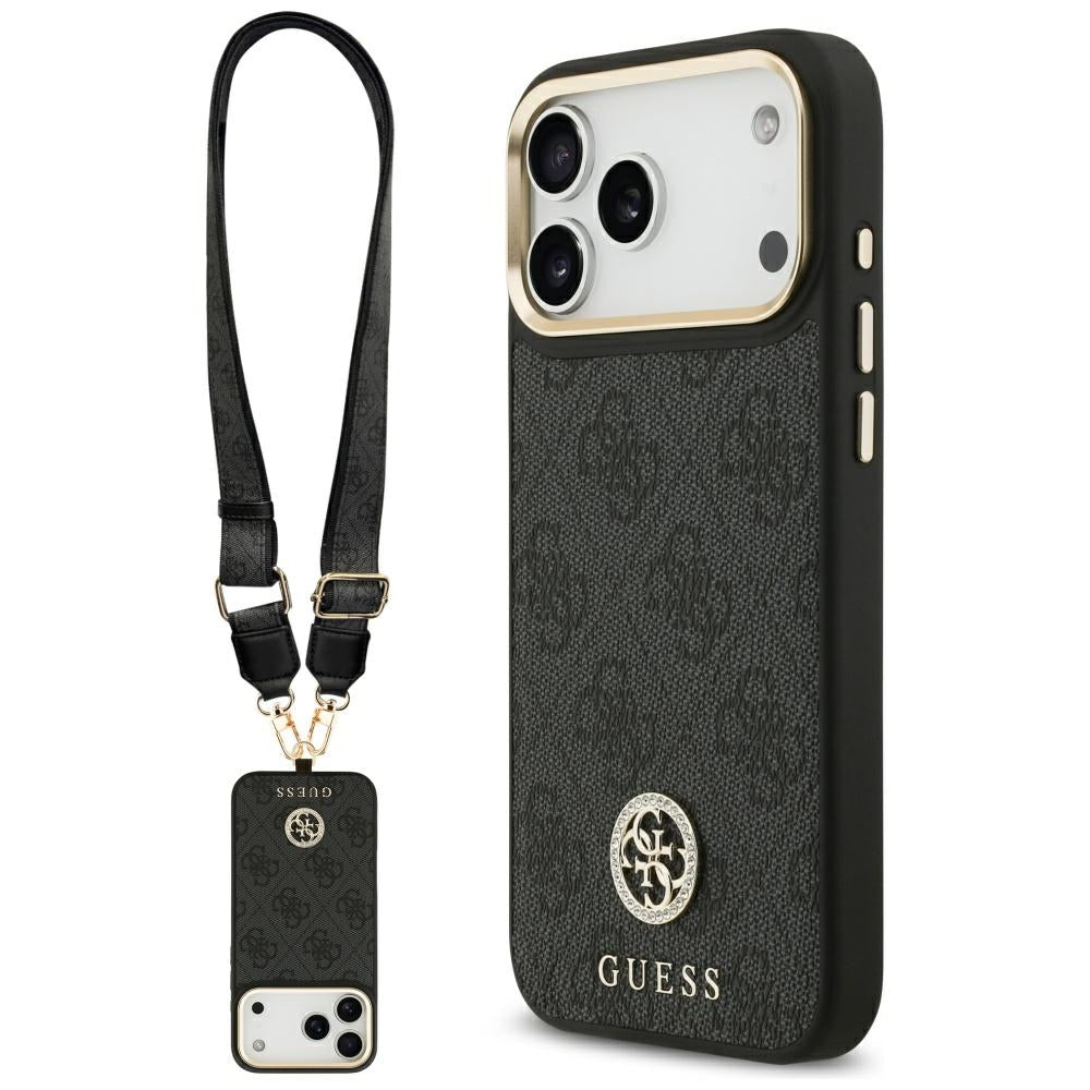 Funda MagSafe para Apple iPhone 17 Pro Max, Guess, 4G Strass Logo con Correa Grande, Negra