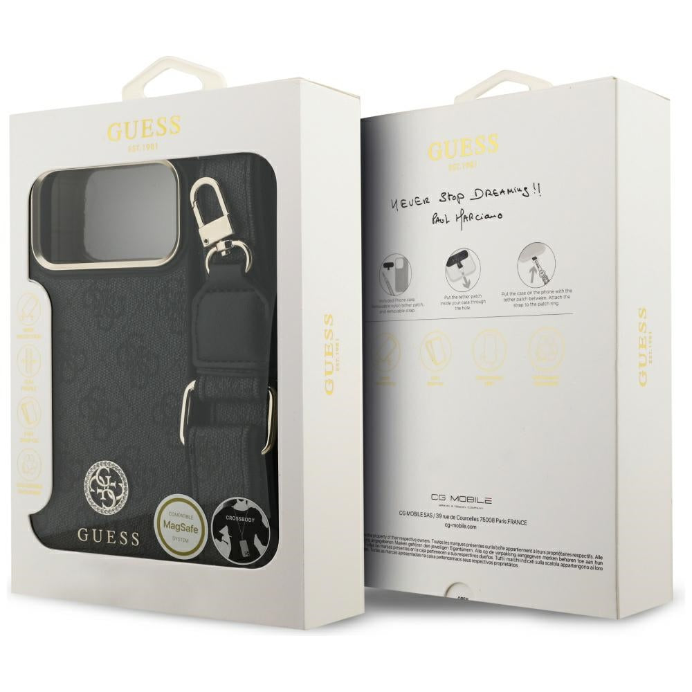 Funda MagSafe para Apple iPhone 17 Pro Max, Guess, 4G Strass Logo con Correa Grande, Negra