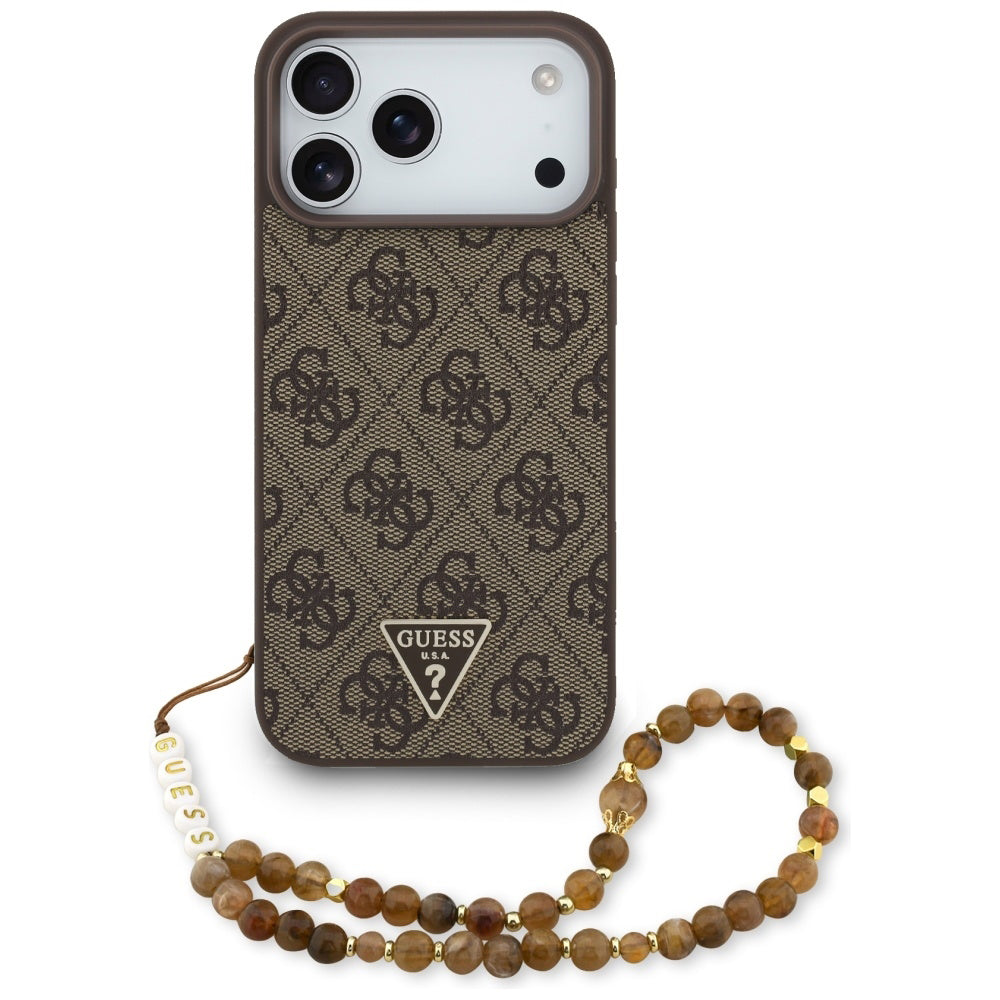 Funda MagSafe para Apple iPhone 17 Pro Max, Guess, 4G Triangle Logo Cord Strap, Marrón