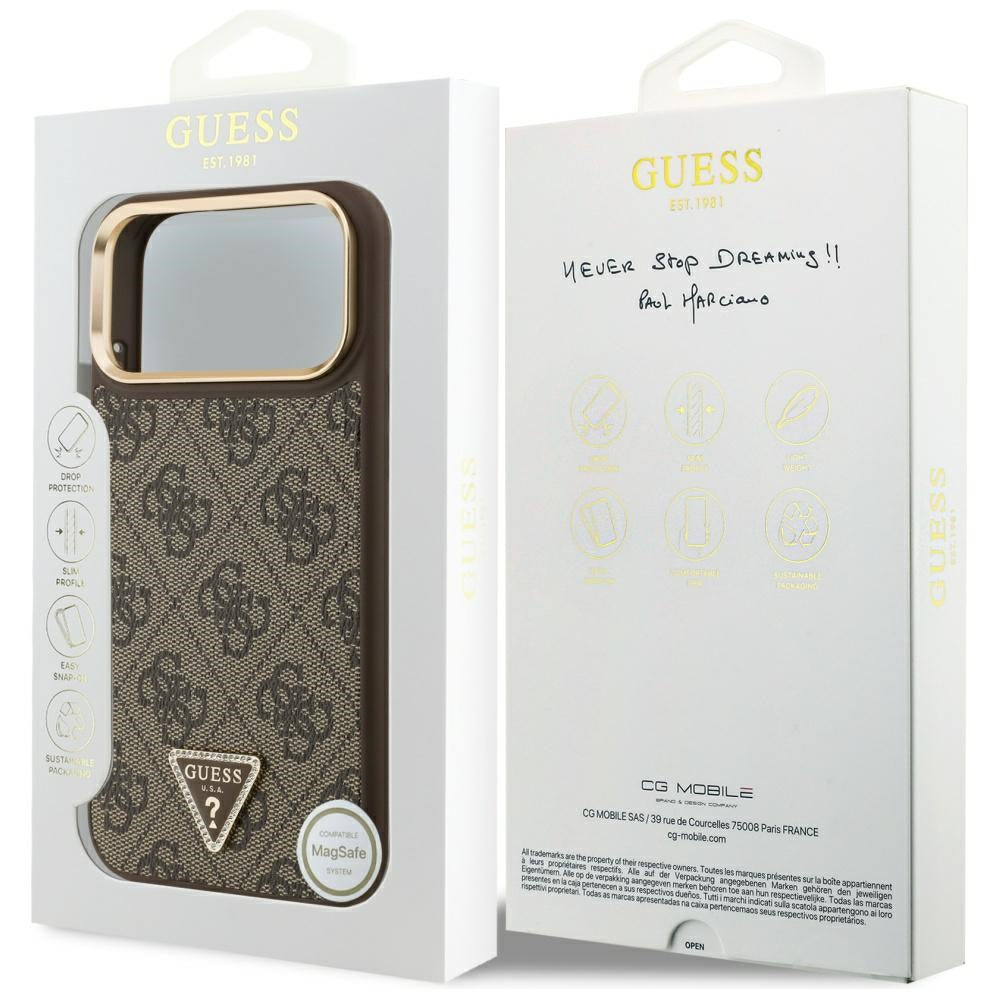 Funda MagSafe para Apple iPhone 17 Pro Max, Guess, Logo Triángulo 4G, Marrón Dorado
