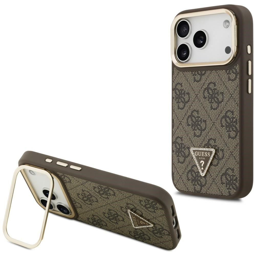 Funda MagSafe para Apple iPhone 17 Pro Max, Guess, Logo Triángulo 4G con Soporte para Cámara, Marrón Dorado