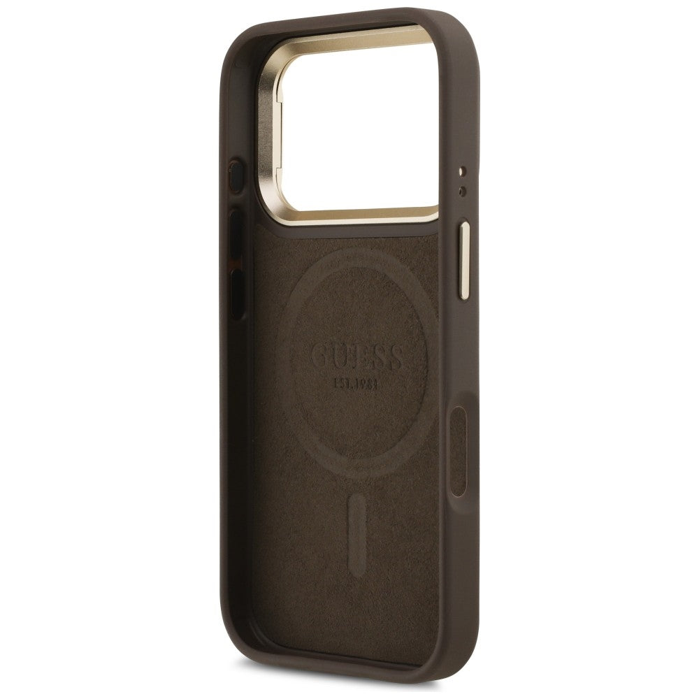 Funda MagSafe para Apple iPhone 17 Pro Max, Guess, Logo Triángulo 4G con Soporte para Cámara, Marrón Dorado