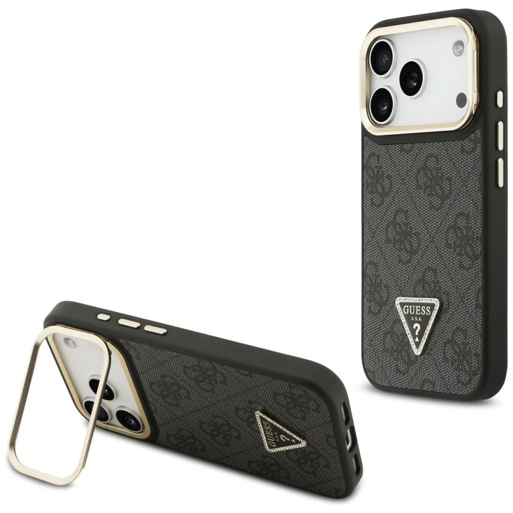 Funda MagSafe para Apple iPhone 17 Pro Max, Guess, Logo Triángulo 4G con Soporte para Cámara, Negra Dorada.