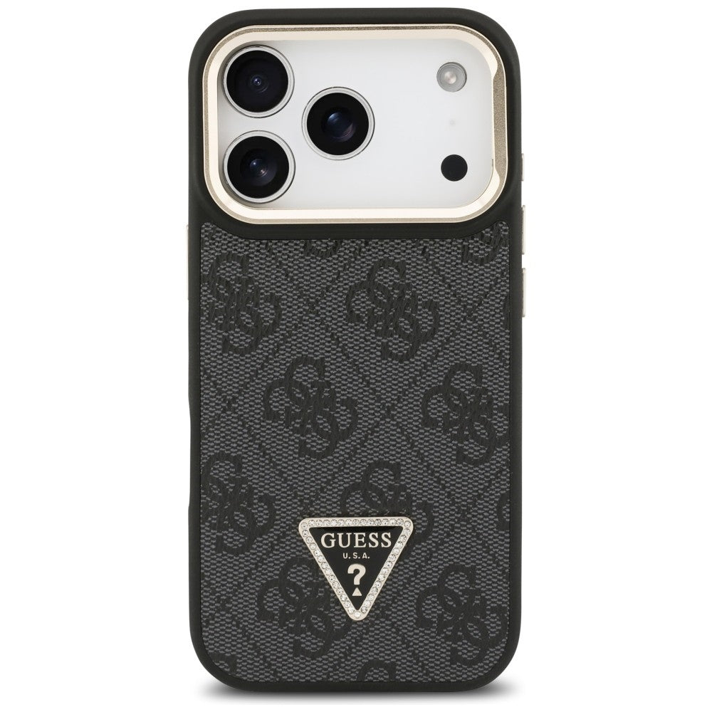 Funda MagSafe para Apple iPhone 17 Pro Max, Guess, Logo Triángulo 4G con Soporte para Cámara, Negra Dorada.