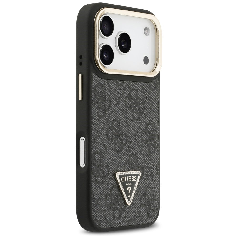 Funda MagSafe para Apple iPhone 17 Pro Max, Guess, Logo Triángulo 4G con Soporte para Cámara, Negra Dorada.