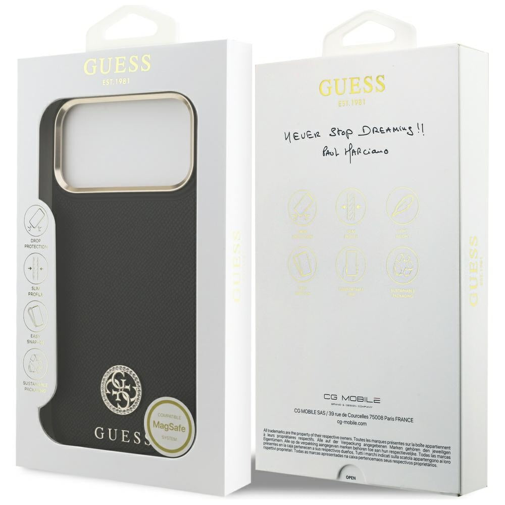 Funda MagSafe para Apple iPhone 17 Pro Max, Guess, Grained Strass Logo, Negra