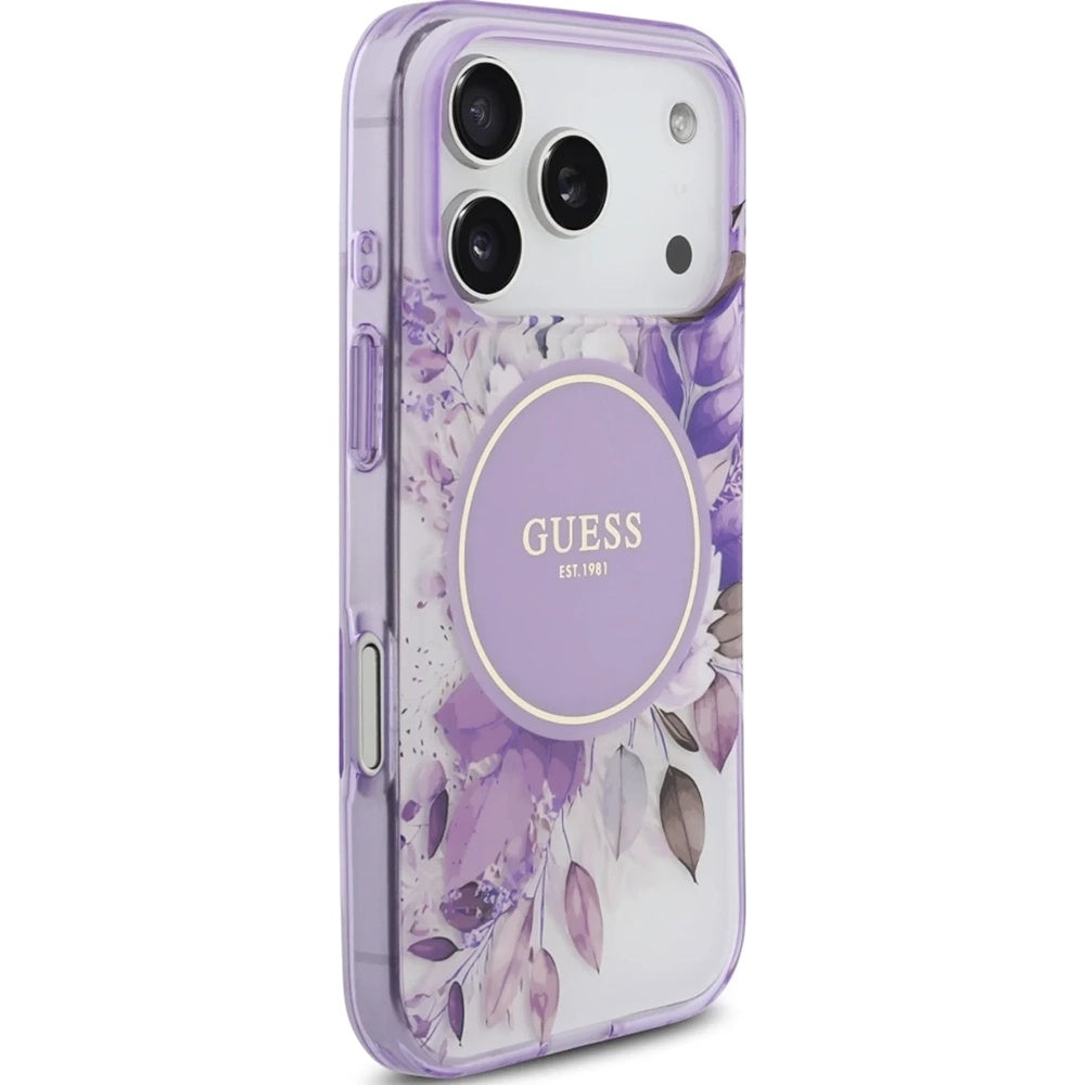 Funda MagSafe para Apple iPhone 17 Pro Max, Guess, IML Flower & Tonal Circle, Morado
