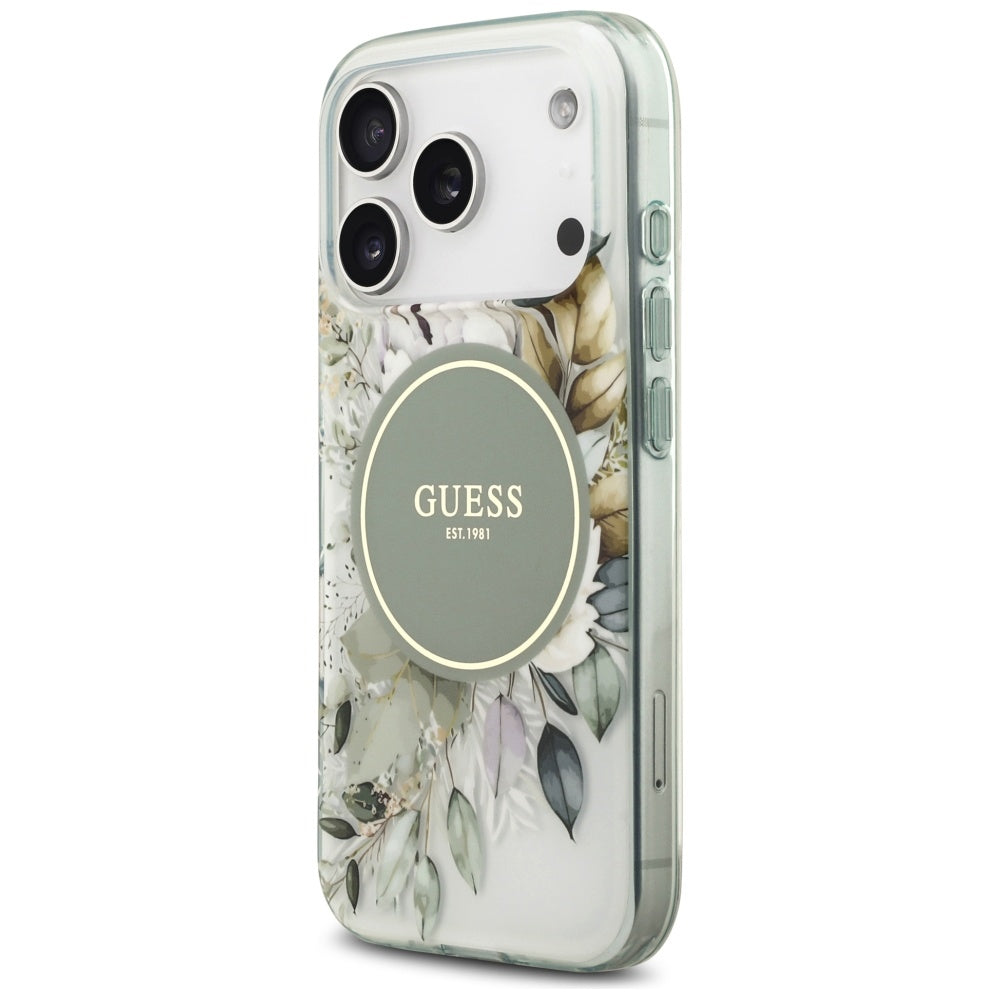 Funda MagSafe para Apple iPhone 17 Pro Max, Guess, IML Flower & Tonal Circle, Verde