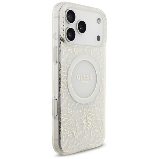 Funda MagSafe para Apple iPhone 17 Pro Max, Guess, IML Flowers Allover Electroplated with Pearl Strap, Blanca