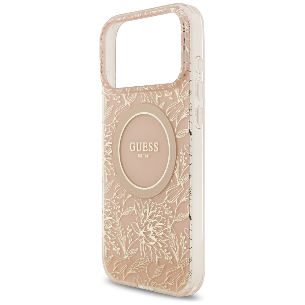 Funda MagSafe para Apple iPhone 17 Pro Max, Guess, IML Flowers Allover Electroplated with Pearl Strap, Rosa