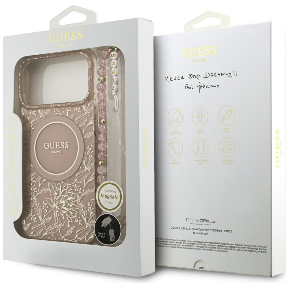 Funda MagSafe para Apple iPhone 17 Pro Max, Guess, IML Flowers Allover Electroplated with Pearl Strap, Rosa
