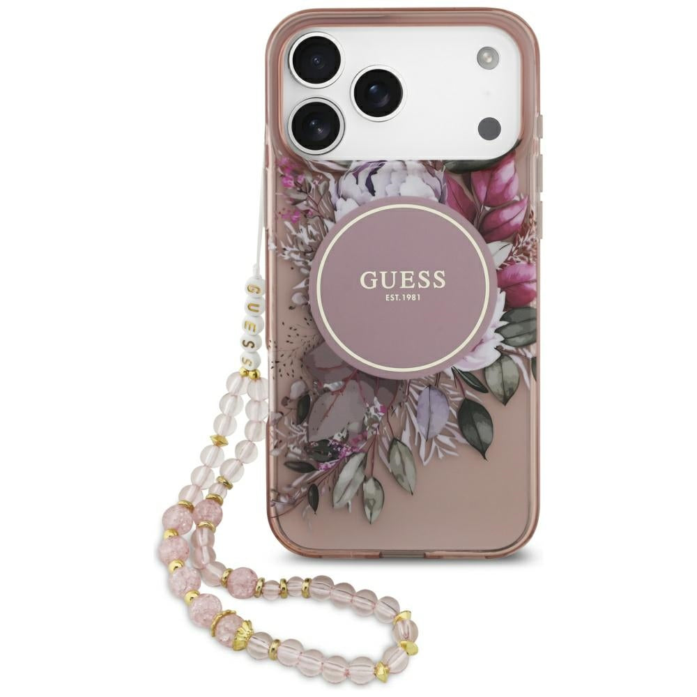 Funda MagSafe para Apple iPhone 17 Pro Max, Guess, IML Flowers with Pearl Strap, Rosa