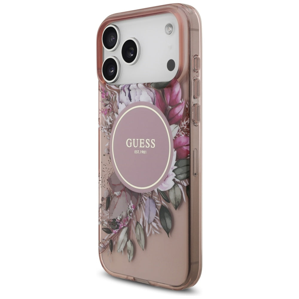 Funda MagSafe para Apple iPhone 17 Pro Max, Guess, IML Flowers with Pearl Strap, Rosa