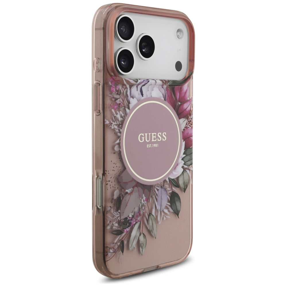 Funda MagSafe para Apple iPhone 17 Pro Max, Guess, IML Flowers with Pearl Strap, Rosa