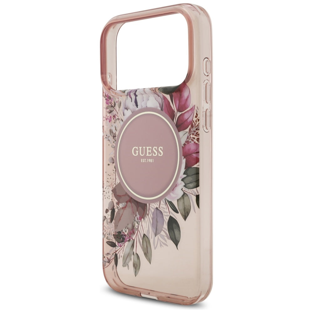 Funda MagSafe para Apple iPhone 17 Pro Max, Guess, IML Flowers with Pearl Strap, Rosa
