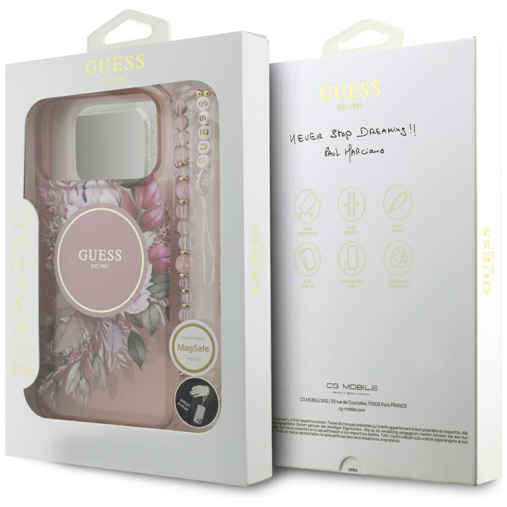 Funda MagSafe para Apple iPhone 17 Pro Max, Guess, IML Flowers with Pearl Strap, Rosa