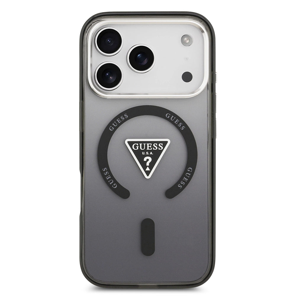 Funda MagSafe para Apple iPhone 17 Pro Max, Guess, IML Gradient Triangle Logo, Negra Plateada