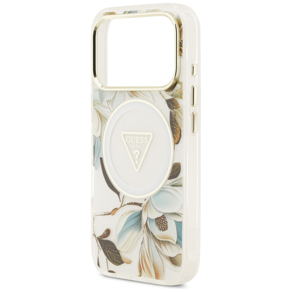 Funda MagSafe para Apple iPhone 17 Pro Max, Guess, IML Metal Glitter Flowers Triangle, Blanca