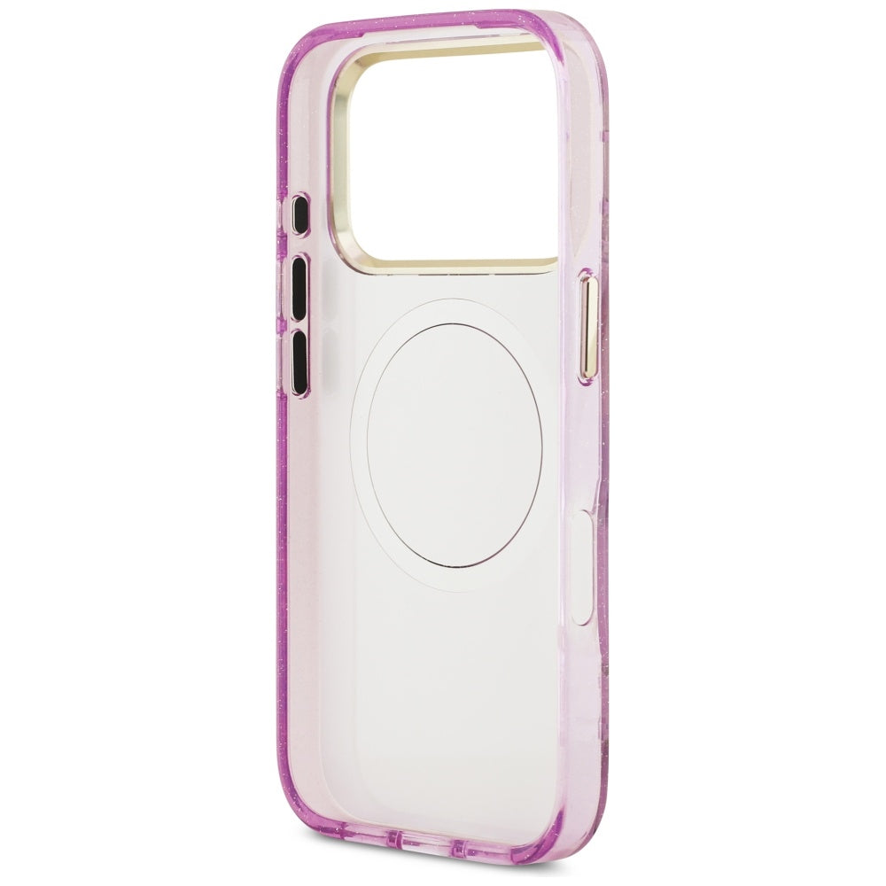 Funda MagSafe para Apple iPhone 17 Pro Max, Guess, IML Metal Glitter Flowers Triangle, Morado