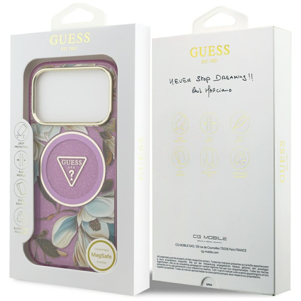 Funda MagSafe para Apple iPhone 17 Pro Max, Guess, IML Metal Glitter Flowers Triangle, Morado