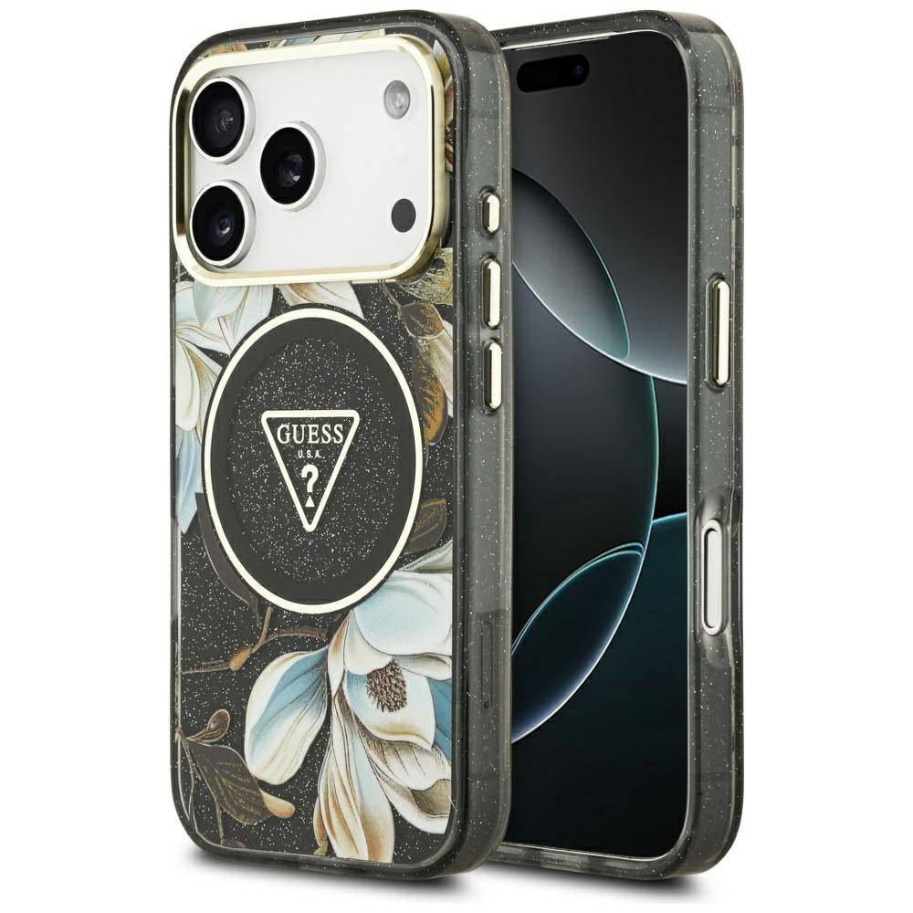 Funda MagSafe para Apple iPhone 17 Pro Max, Guess, IML Metal Glitter Flowers Triangle, Negra