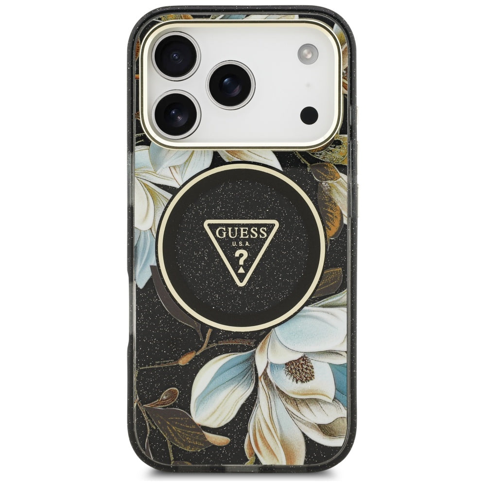 Funda MagSafe para Apple iPhone 17 Pro Max, Guess, IML Metal Glitter Flowers Triangle, Negra