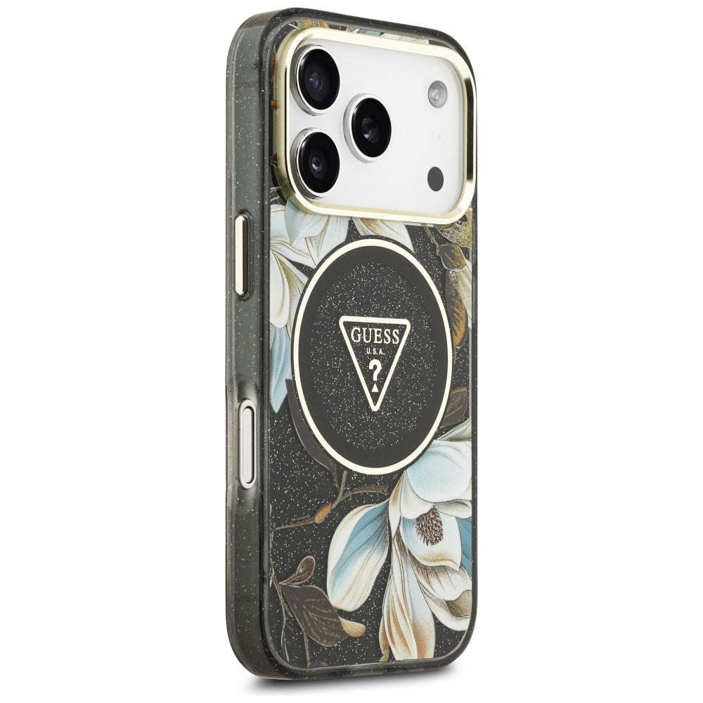 Funda MagSafe para Apple iPhone 17 Pro Max, Guess, IML Metal Glitter Flowers Triangle, Negra