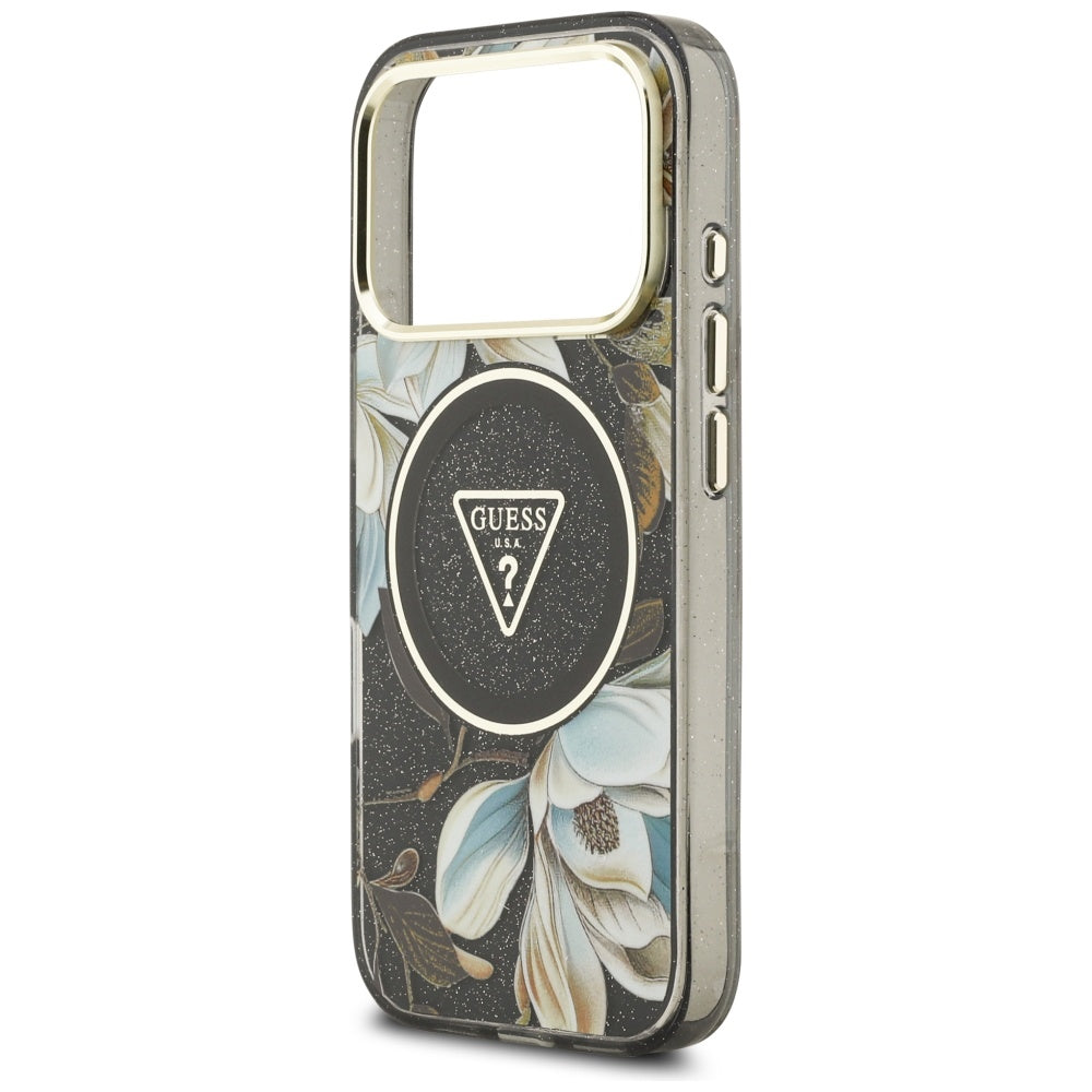 Funda MagSafe para Apple iPhone 17 Pro Max, Guess, IML Metal Glitter Flowers Triangle, Negra