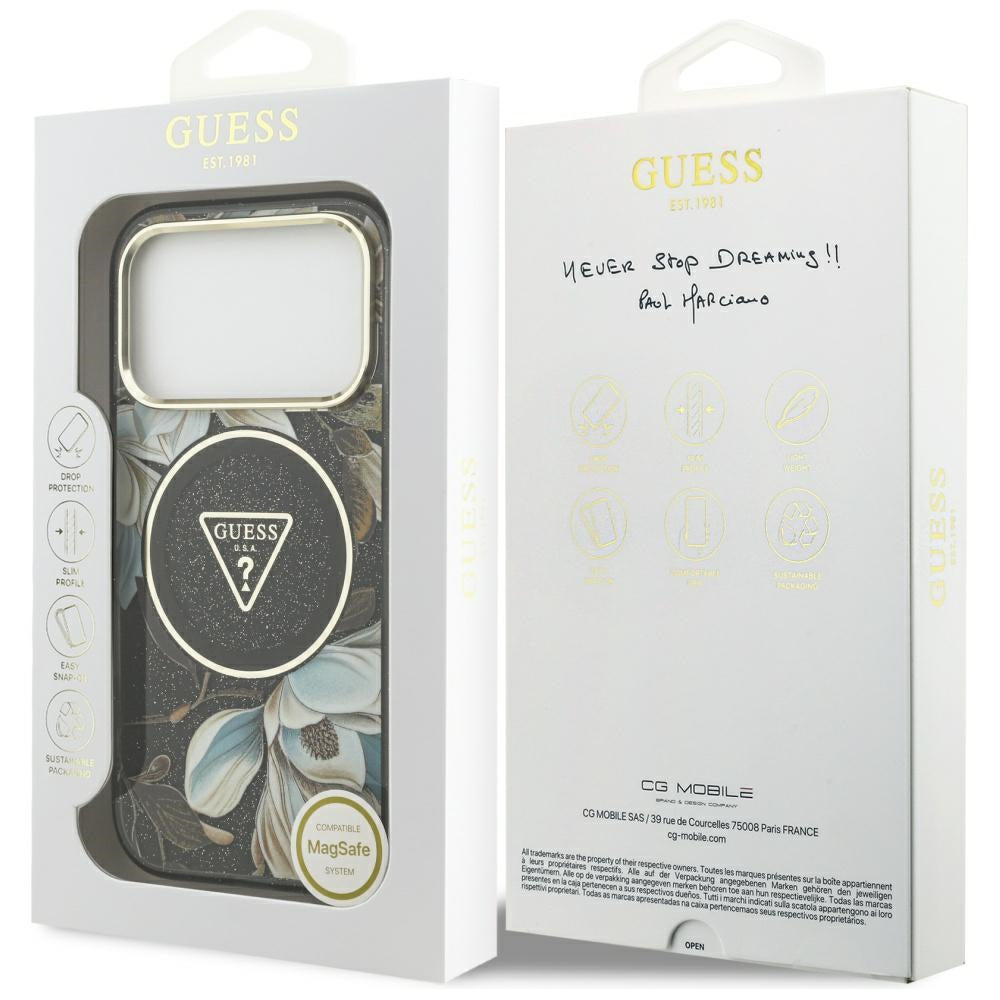 Funda MagSafe para Apple iPhone 17 Pro Max, Guess, IML Metal Glitter Flowers Triangle, Negra