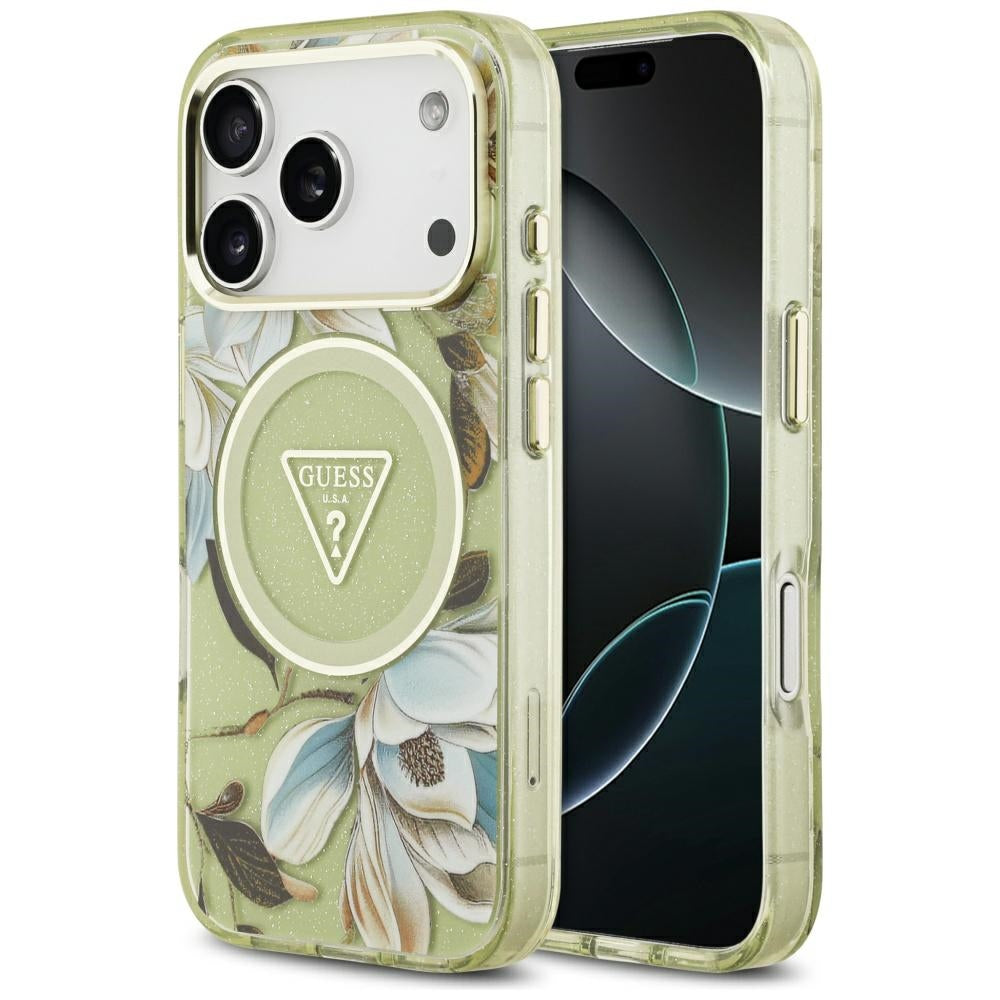 Funda MagSafe para Apple iPhone 17 Pro Max, Guess, IML Metal Glitter Flowers Triangle, Verde