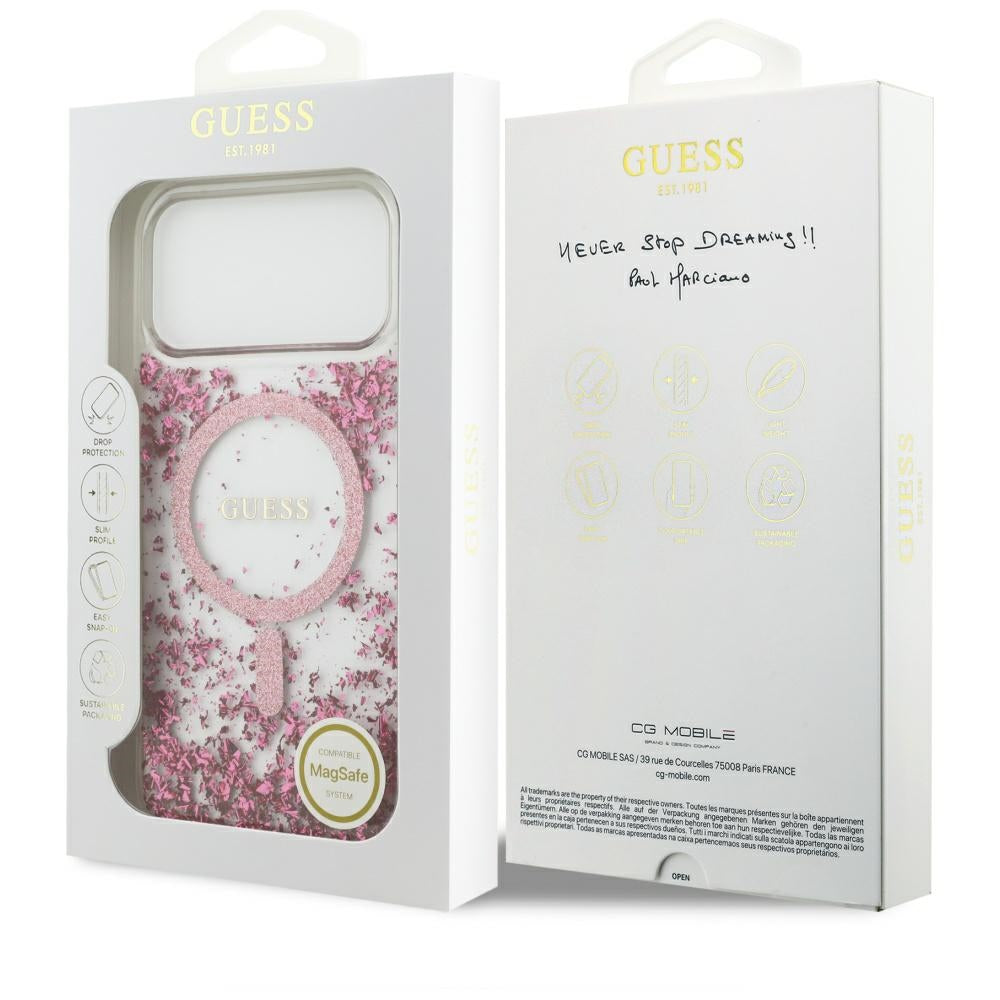 Funda MagSafe para Apple iPhone 17 Pro Max, Guess, Fondo de Resina con Brillantina, Rosa