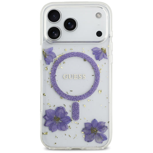 Funda MagSafe para Apple iPhone 17 Pro Max, Guess, Resin Flowers and Glitter, Morado