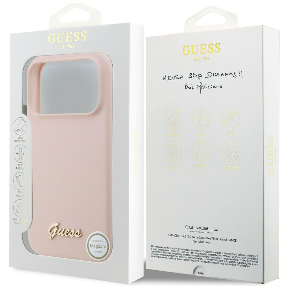 Funda MagSafe para Apple iPhone 17 Pro Max, Guess, Script Metal Logo, Rosa Claro