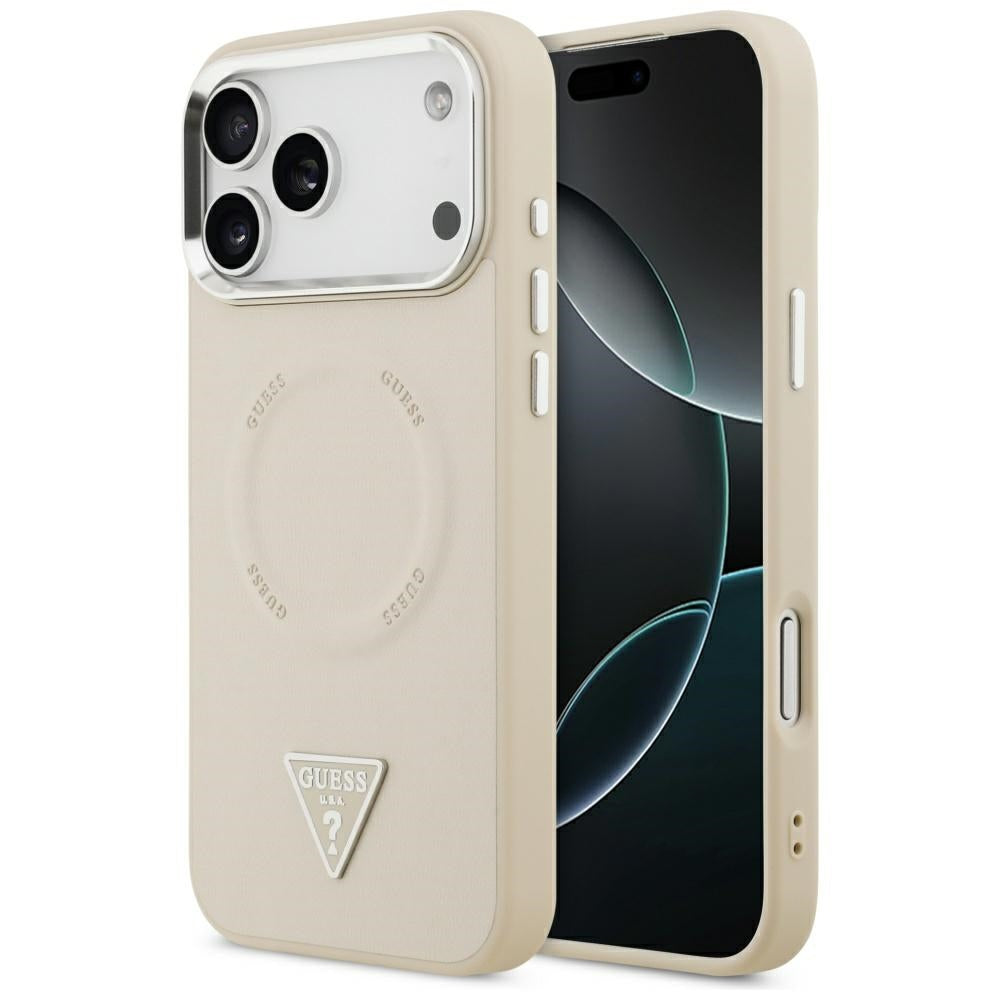 Funda MagSafe para Apple iPhone 17 Pro Max, Guess, Logo Triangular, Beige Plateado