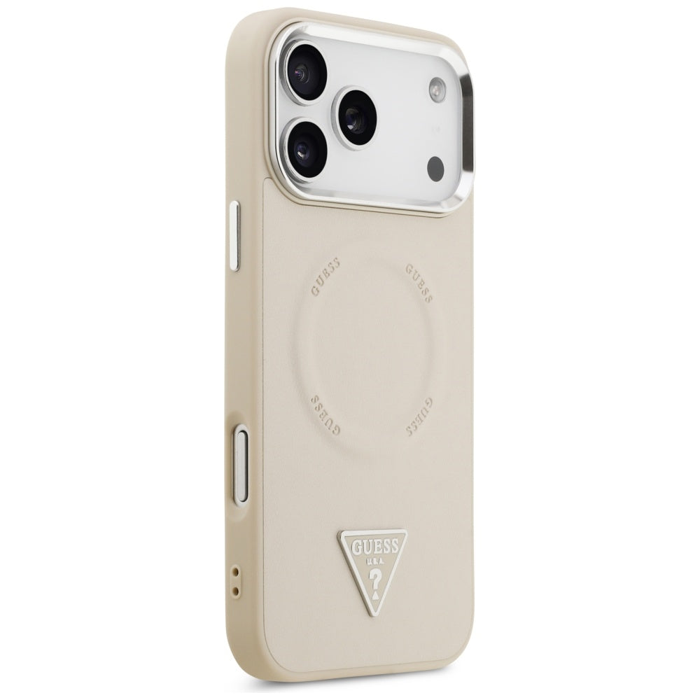 Funda MagSafe para Apple iPhone 17 Pro Max, Guess, Logo Triangular, Beige Plateado