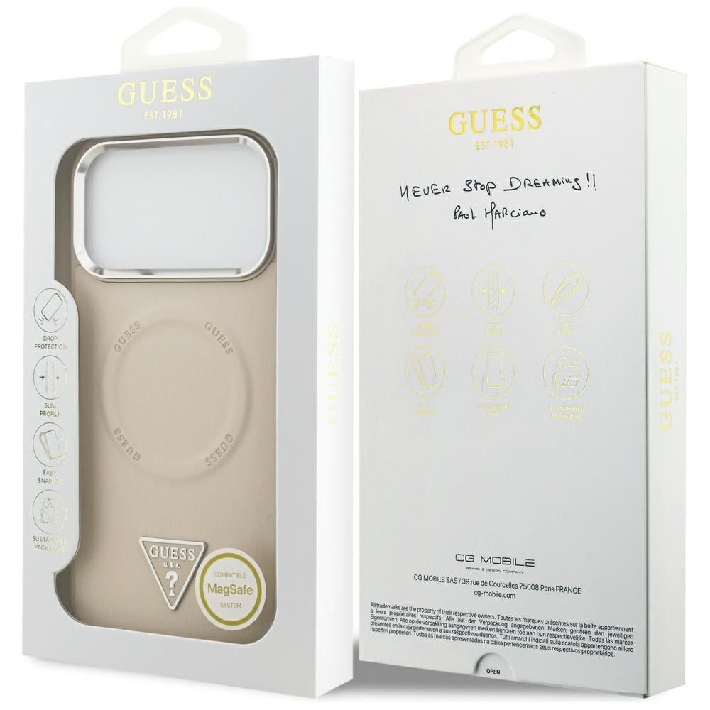 Funda MagSafe para Apple iPhone 17 Pro Max, Guess, Logo Triangular, Beige Plateado