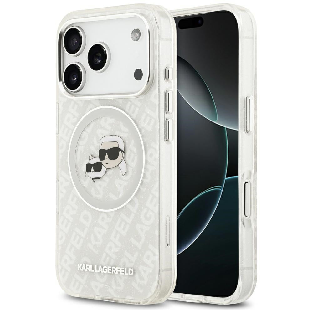 Funda MagSafe para Apple iPhone 17 Pro Max, Karl Lagerfeld, Glitter Karl & Choupette Head, Blanca