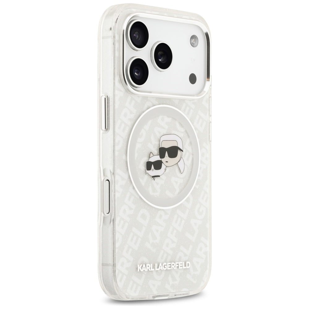 Funda MagSafe para Apple iPhone 17 Pro Max, Karl Lagerfeld, Glitter Karl & Choupette Head, Blanca