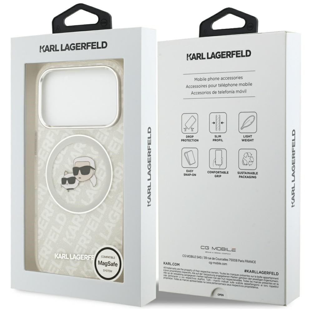 Funda MagSafe para Apple iPhone 17 Pro Max, Karl Lagerfeld, Glitter Karl & Choupette Head, Blanca
