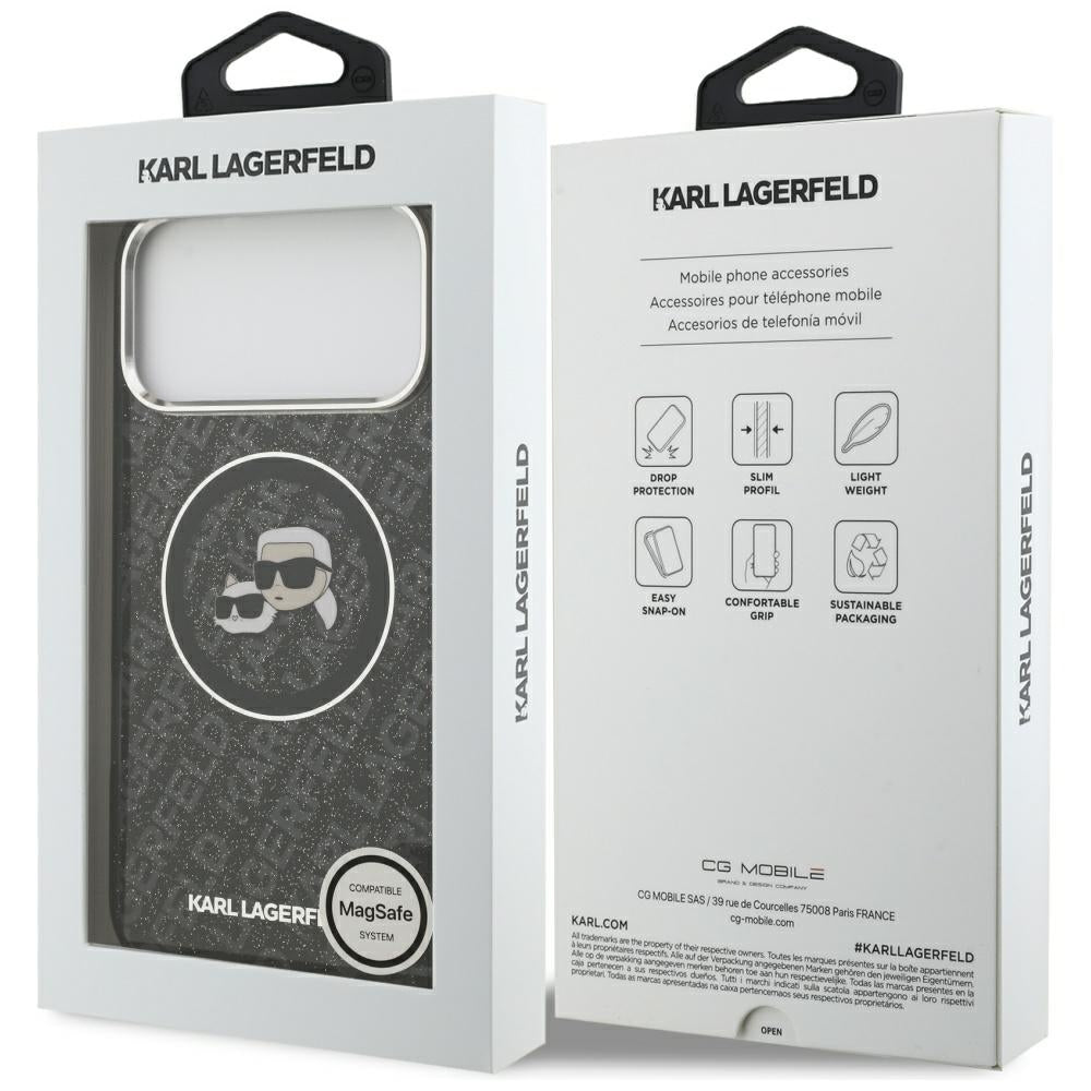 Funda MagSafe para Apple iPhone 17 Pro Max, Karl Lagerfeld, Glitter Karl & Choupette Head, Negra