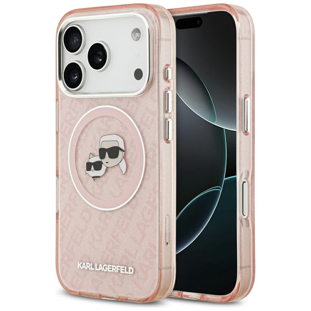 Funda MagSafe para Apple iPhone 17 Pro Max, Karl Lagerfeld, Glitter Karl & Choupette Head, Rosa