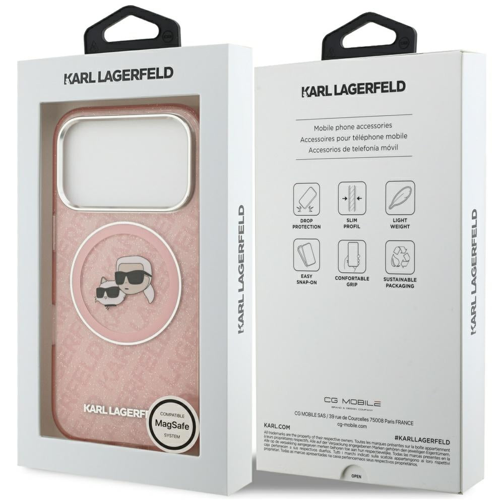 Funda MagSafe para Apple iPhone 17 Pro Max, Karl Lagerfeld, Glitter Karl & Choupette Head, Rosa