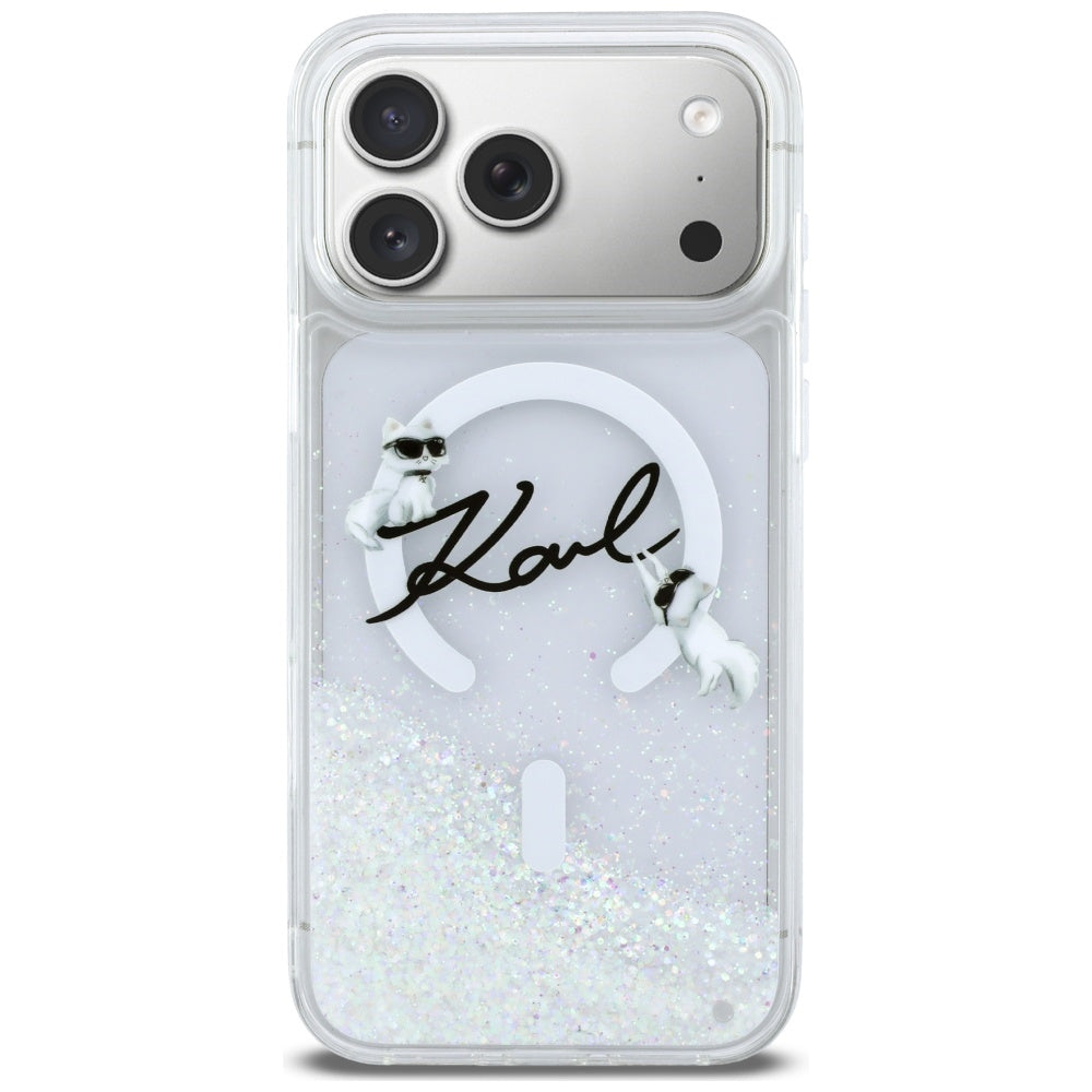 Funda MagSafe para Apple iPhone 17 Pro Max, Karl Lagerfeld, Glitter Karl Script Logo, Transparente
