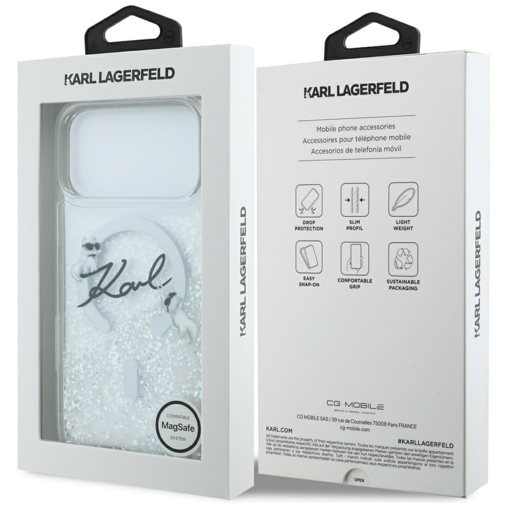 Funda MagSafe para Apple iPhone 17 Pro Max, Karl Lagerfeld, Glitter Karl Script Logo, Transparente