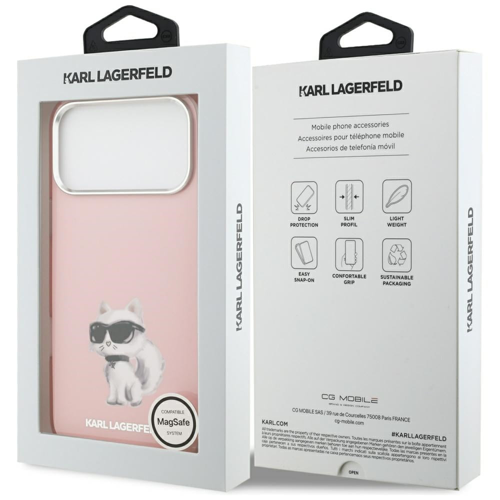 Funda MagSafe para Apple iPhone 17 Pro Max, Karl Lagerfeld, IML Aquarelle Logo Choupette, Rosa.