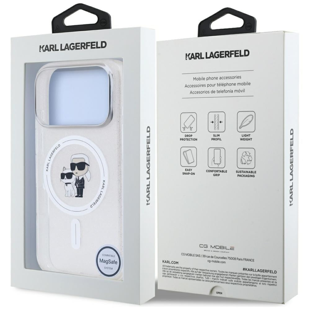 Funda MagSafe para Apple iPhone 17 Pro Max, Karl Lagerfeld, IML Glitter Karl & Choupette, Transparente